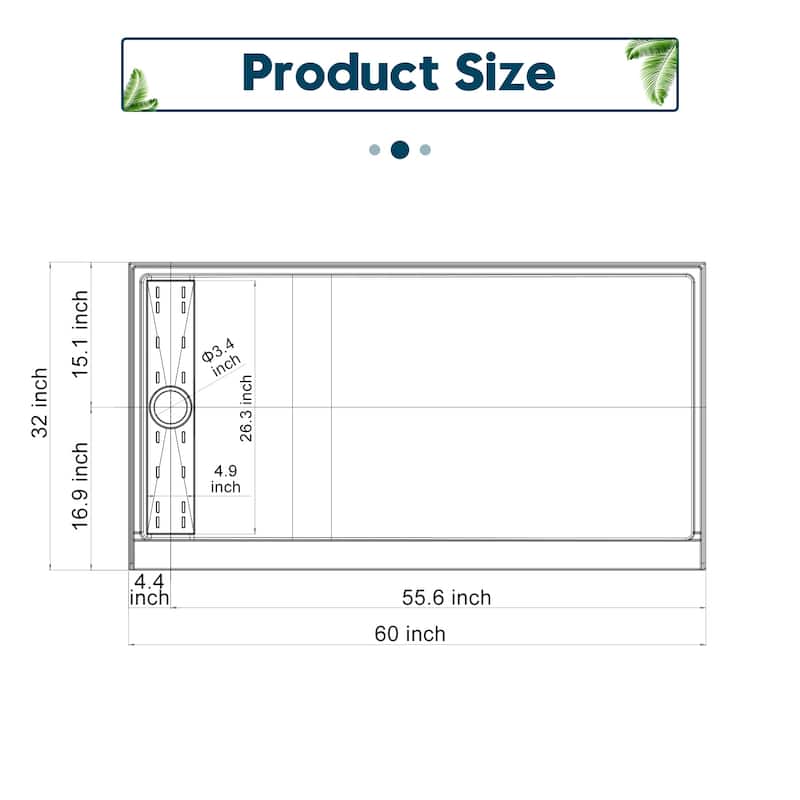 Elegant White SMC Shower Base Left Drain Rectangular Single Threshold Anti-slip Shower Pan