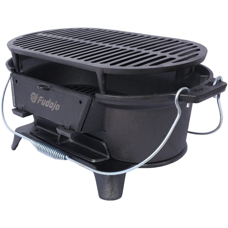 Anmytek Oval Cast Iron Hibachi Grill Portable Charcoal BBQ for Camping and Outdoor Cooking