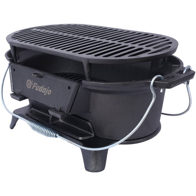 Oval Cast Iron Outdoor Grill Portable Small Charcoal Grill with Tabletop Cast Iron Frying Pan Enamel, for Camping Cooking