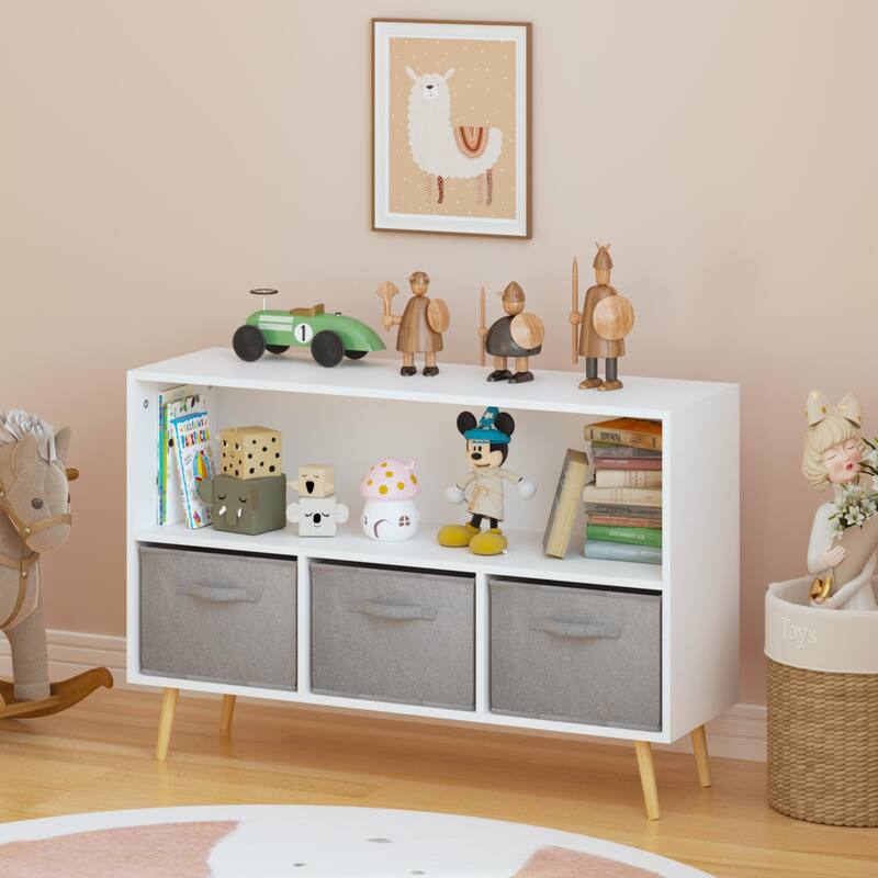 Anmytek White/Gray Kids Storage Organizer with Fabric Drawers White Bookcase Toy Display Shelf