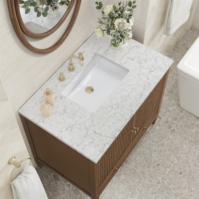 James Martin Vanities Myrrin 36" Vanity, Mid Century Walnut - Eternal Jasmine Pearl.