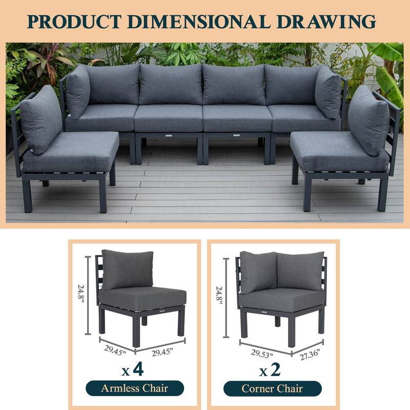 Chelsea 6-Piece Outdoor Patio Sectional Set in Black Aluminum with Removable Cushions for Backyard Garden and Patio Deck