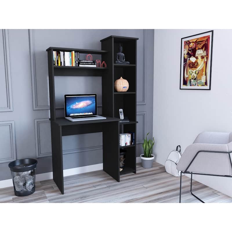 Modern Computer Desk with 5 Cubbies Hutch - Black