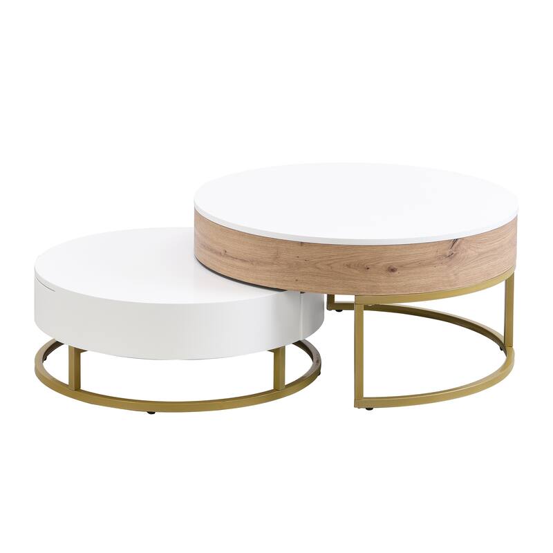 Modern Round Lift-top Nesting Coffee Tables with 2 Drawers White & Black