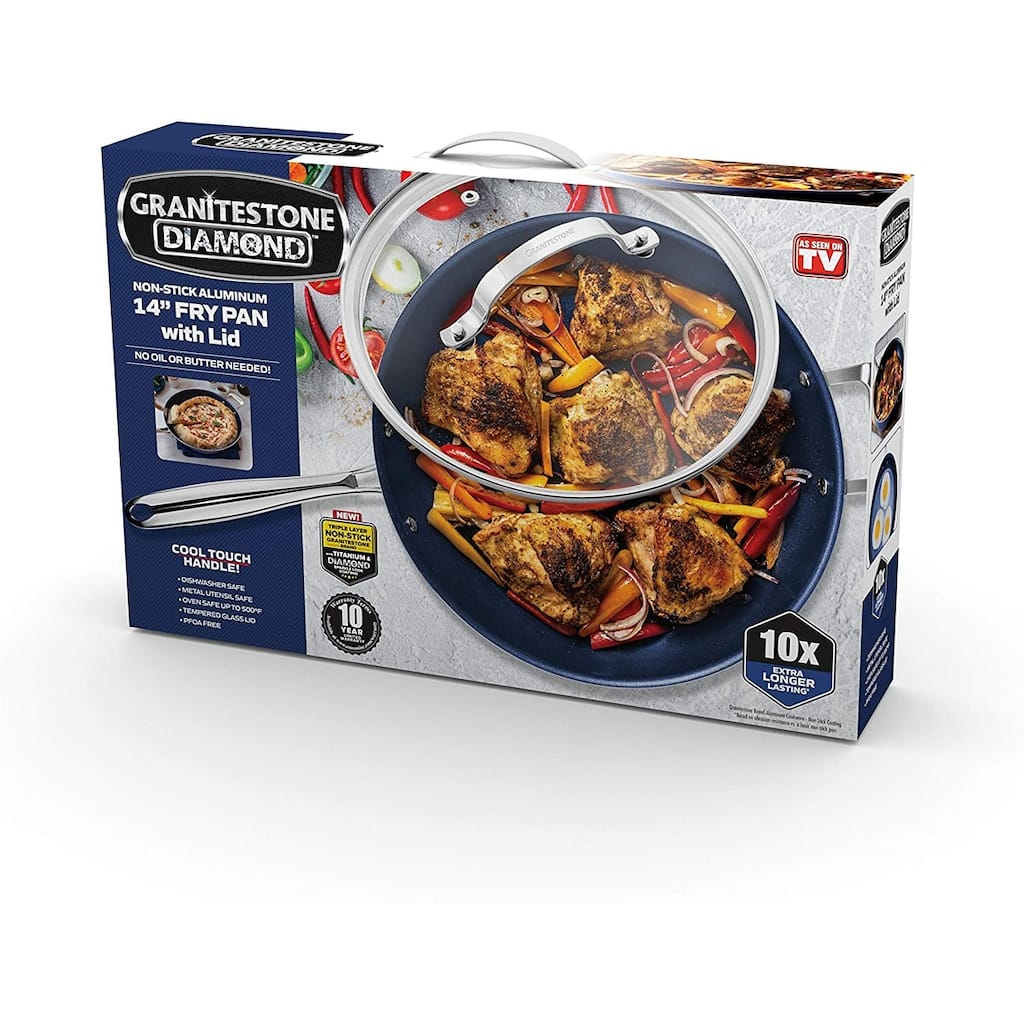 Granitestone Diamond Nonstick Frying Pan 14" Large Skillet with Lid Helper Handle Cookware, Blue