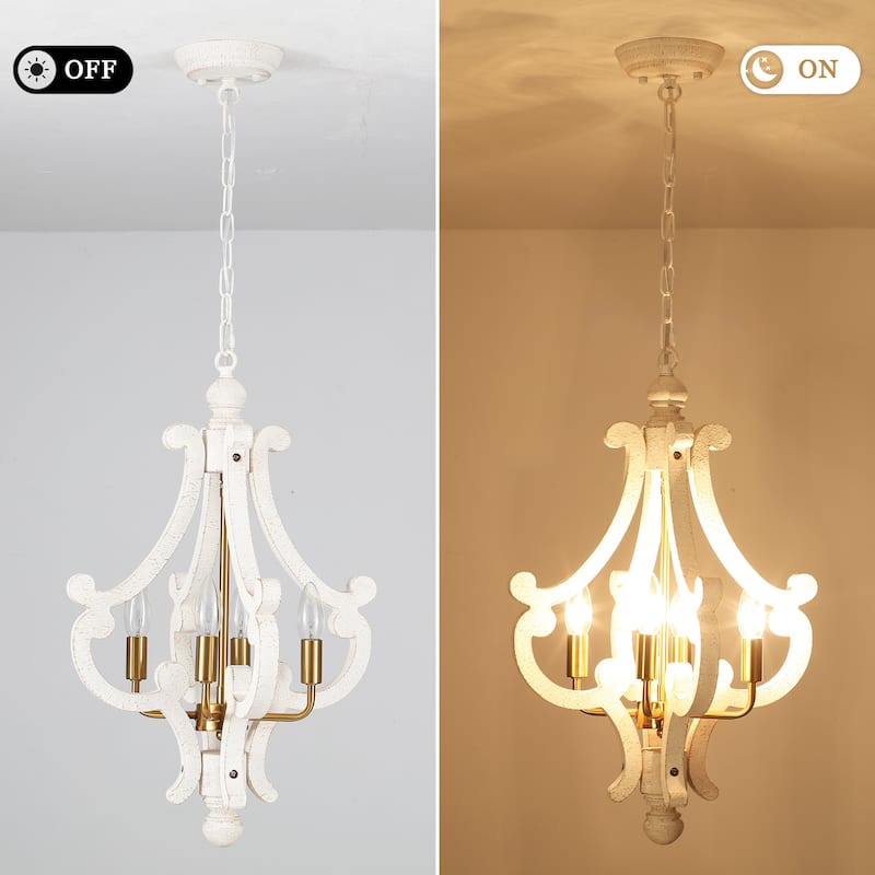 4-Light 14.56-inch Wooden Lantern Rustic Chandeliers for Entryway Hallway