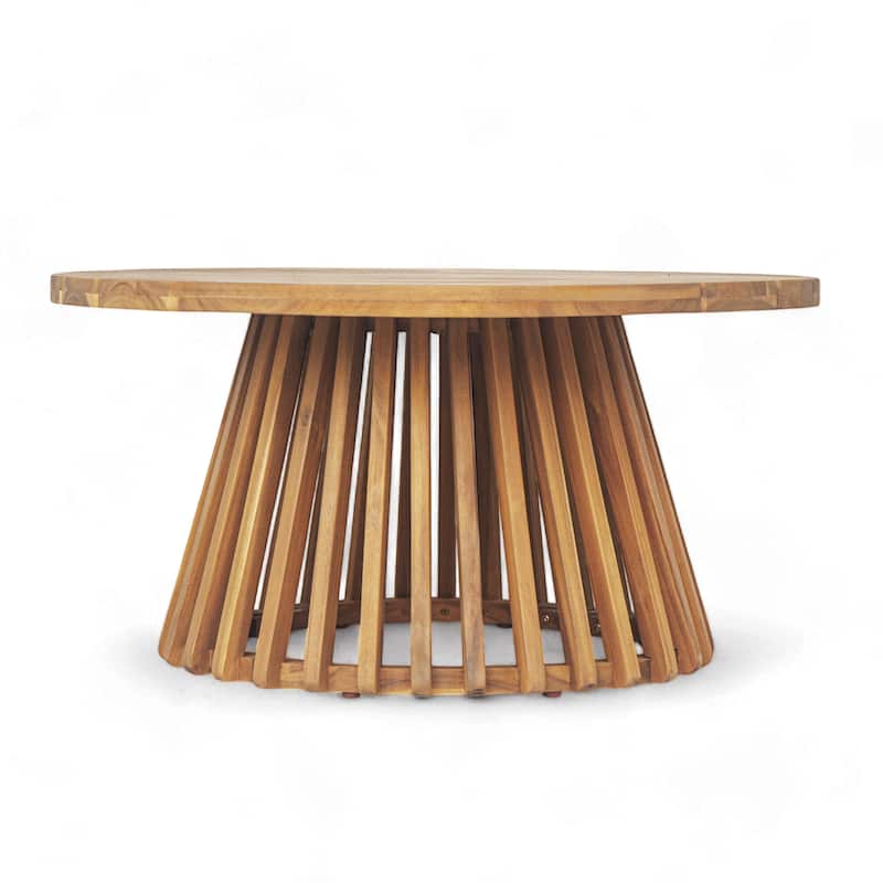 Anmytek Round Wooden Patio Table Slatted Top Outdoor Indoor Coffee Table All Weather Modern