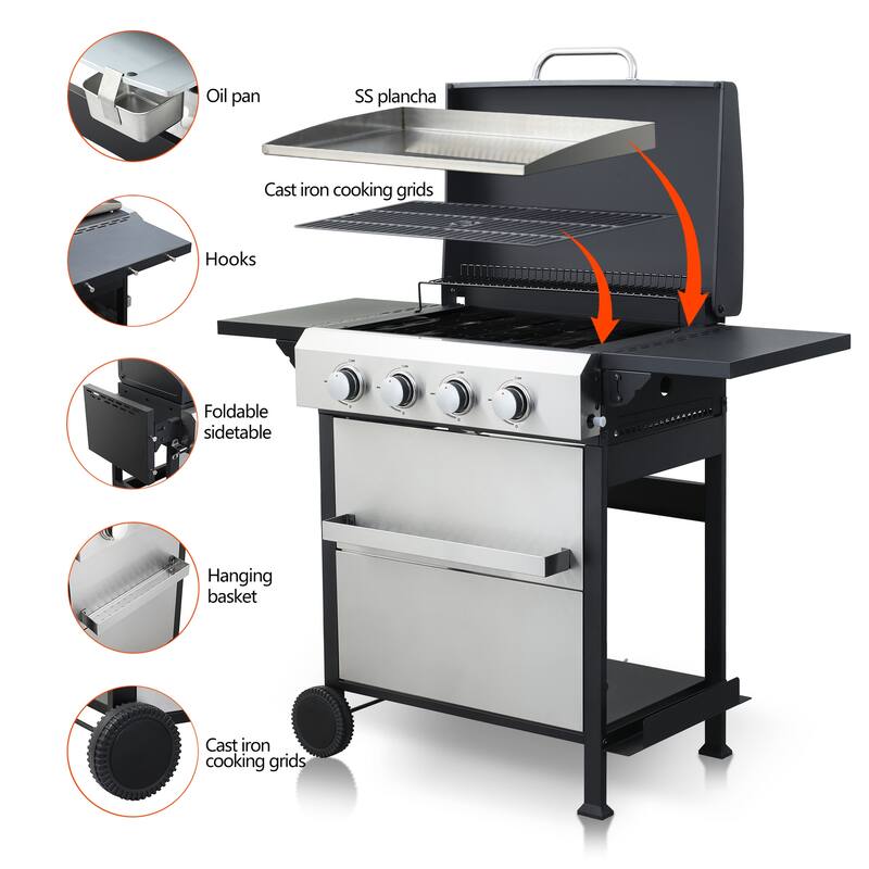 4-Burner Propane Gas BBQ Grill, 49200 BTU Output with Wire Enamel Cooking Grids Foldable Side Table for Outdoor Barbecue