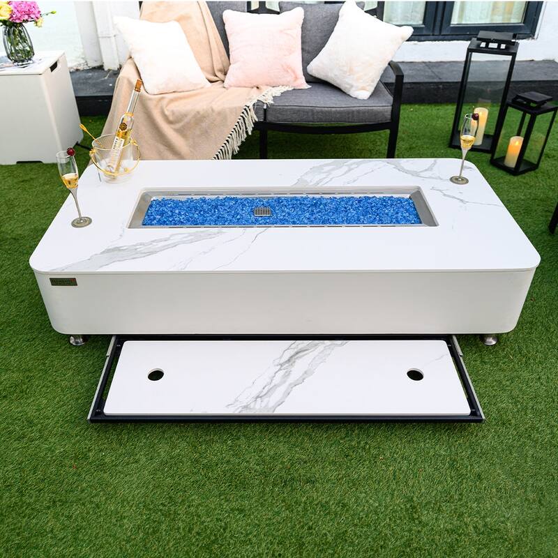 Elementi Plus Valencia Outdoor Fire Pit Table Concrete Rectangular 60000 BTU - 62 x 30 inches with Lid, Fire Glass, and Cover