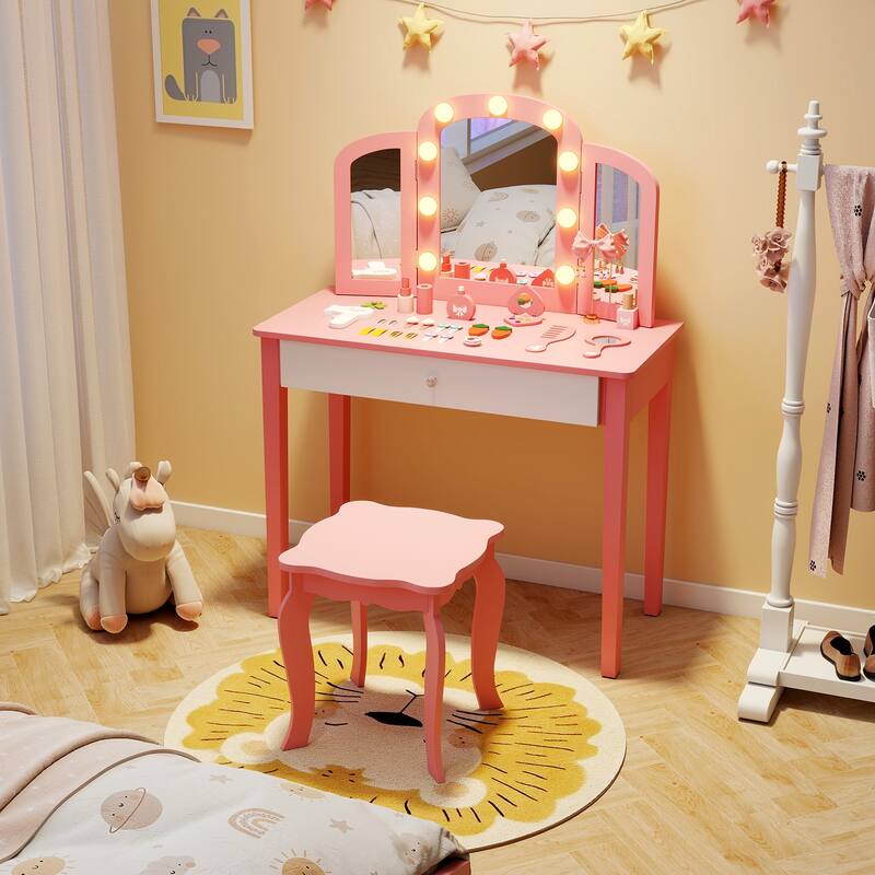 Gymax Kids Vanity Table Set 2-in-1 Princess Makeup Dressing Desk