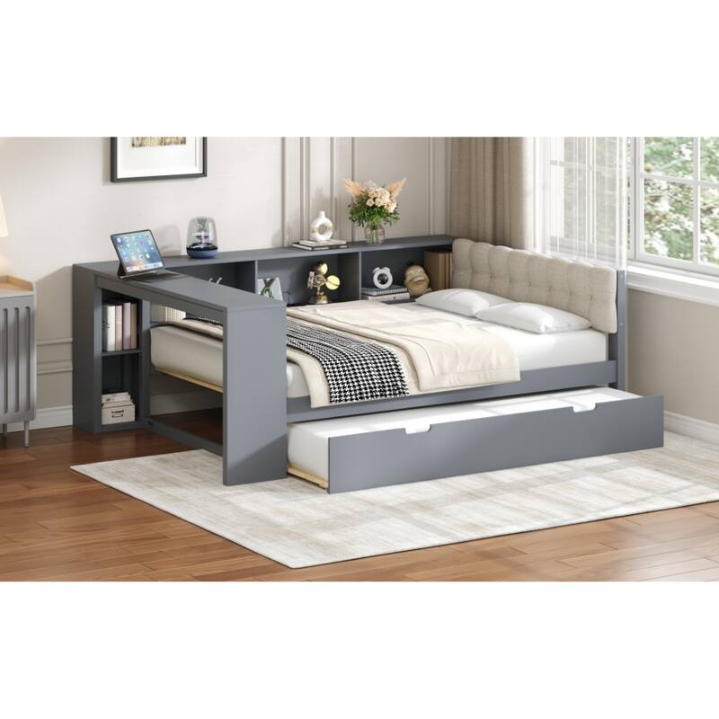 Roomfitters Twin/Full Wood Platform Bed with Trundle, Charging Station and Upholstered Headboard