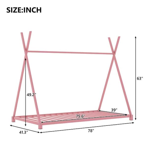 dimension image slide 2 of 3, Metal Twin House Platform Bed - Triangle Structure for Kids' Imagination