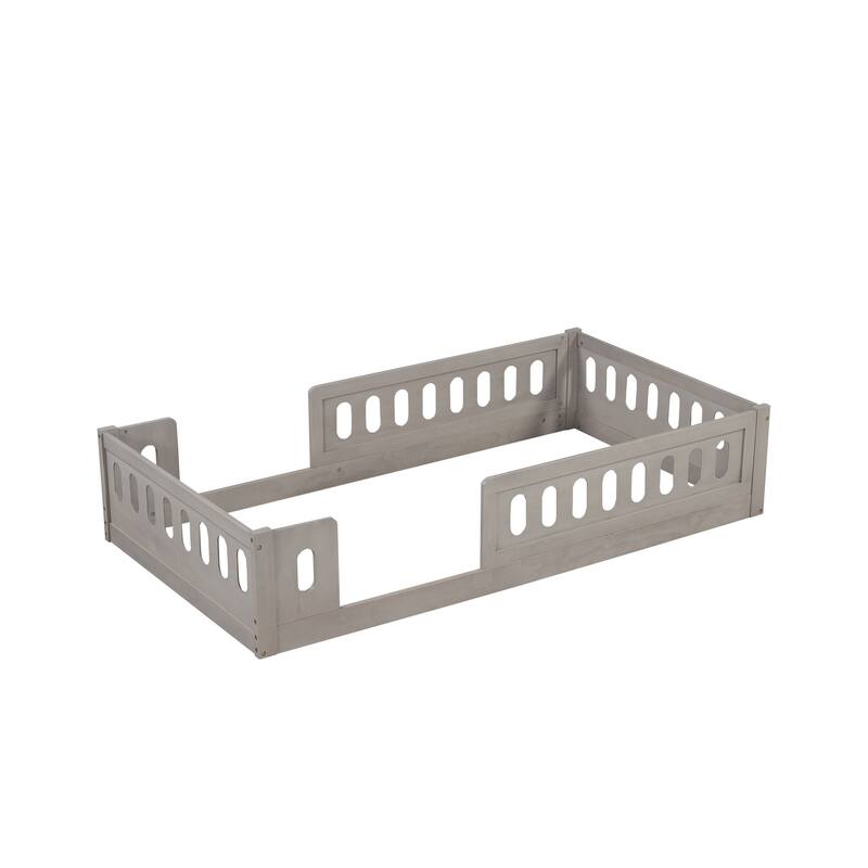 Kids Wood Floor Bed with Semi-Enclosed Guardrail and No-Slat Design