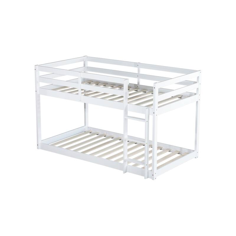 Roomfitters Solid Rubber Wood Twin over Twin Floor Bunk Bed with Ladder, Reinforced Slat Platforms, Low Height Design