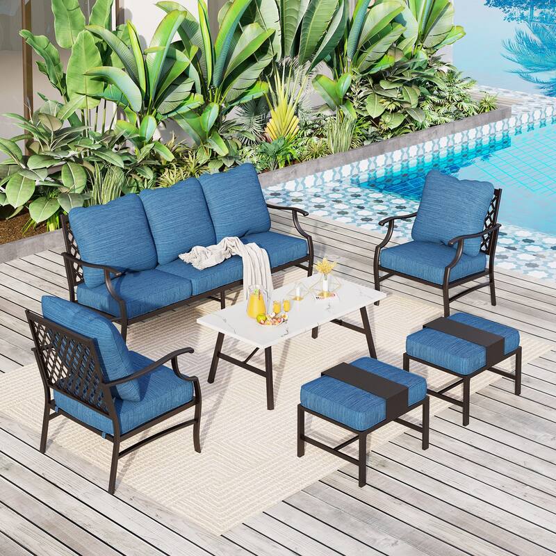 MAISON ARTS 6/7-Piece Patio Conversation Sets, Sofa Set with 2/4 x Single Chairs, 1 x 3-seater Sofa and Coffee Table/Ottomans - Set 1 - Peacock Blue