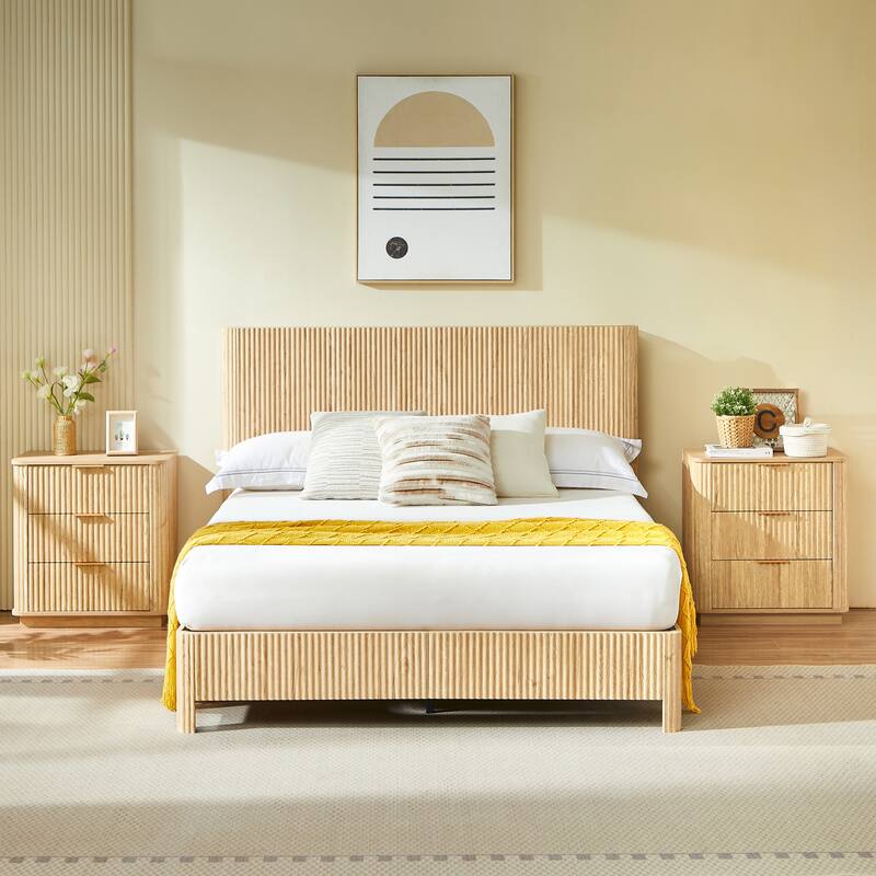 Wooden Corrugated Bed Frame Contemporary Rustic Platform Bed with 44.5" High Headboard/Metal Tubes Support/No Box Spring Needed