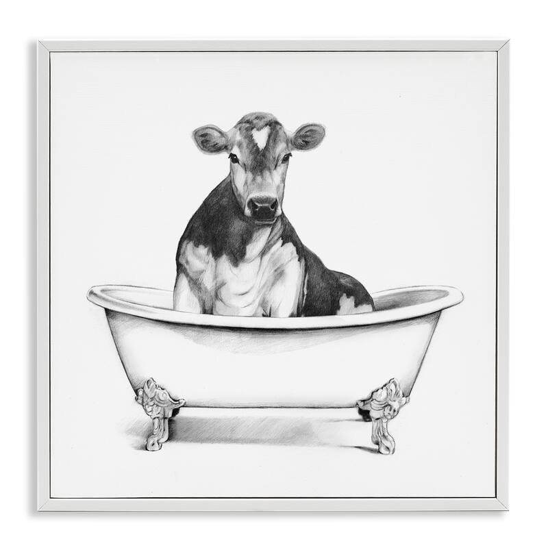 Stupell Cow in Claw Tub Minimal Farm Animal Sketch Framed Wall Art,12x12 - White - 24 x 24 - Wood - White
