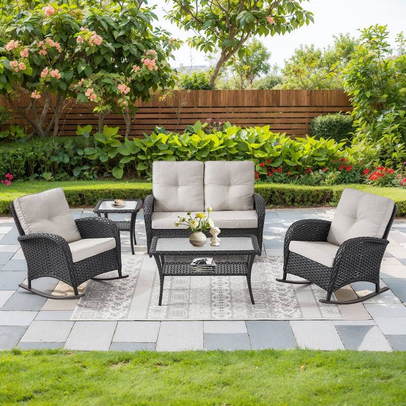 Outdoor Glider Sofa Rocker Chairs Coffee Table - Black - Beige