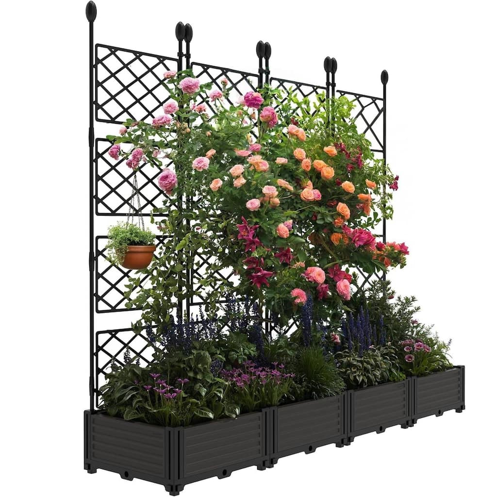 4 Compartment Raised Garden Bed with Trellis & Privacy Screen, Garden Planter Box