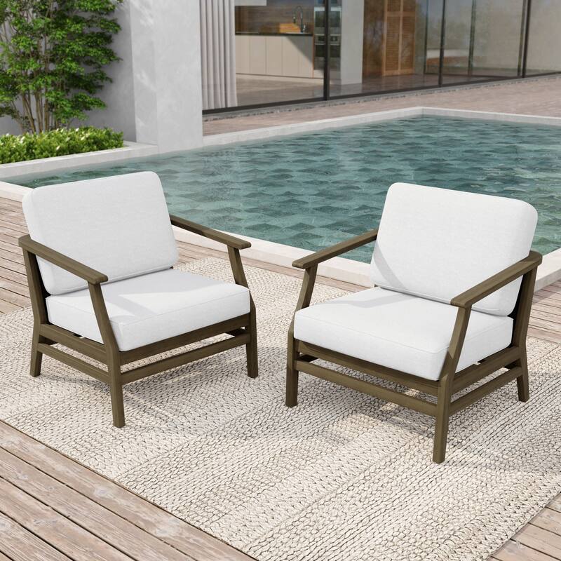 2 Set Patio Teak Wood Outdoor Chair with Cushions - Natural Wood - Beige