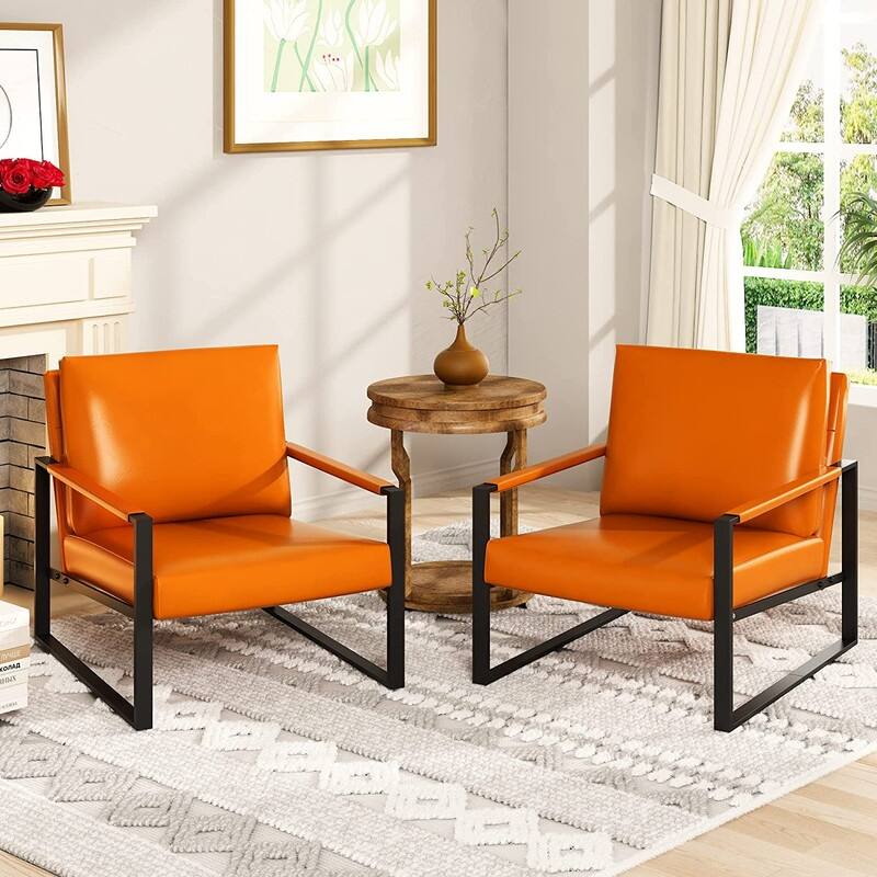 Eureka Modern Vintage Upholstered PU Leather Armchairs, Mid Century Accent Chairs with Steel Frame, Leisure Chairs (Set of 2)