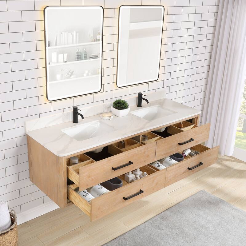 Cristo Floating Bath Vanity with White Quartz Stone Top without Mirror