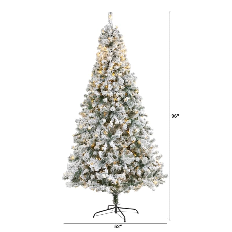8’ Pre-Lit Flocked Rock Spruce Artificial Christmas Tree, Warm Clear LED Lights - 8 Foot