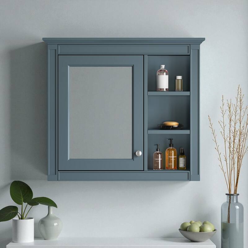 30'' x 28'' Wall Mounted Medicine Cabinet with Mirror, Modern Bathroom Mirror Cabinet with Door and 3 Open Shelves - Blue