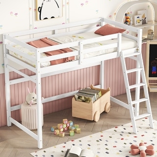Fun Design Pine Loft Bed with inclined Ladder, Guardrails and Under Bed Capacious Space, Twin Size, White