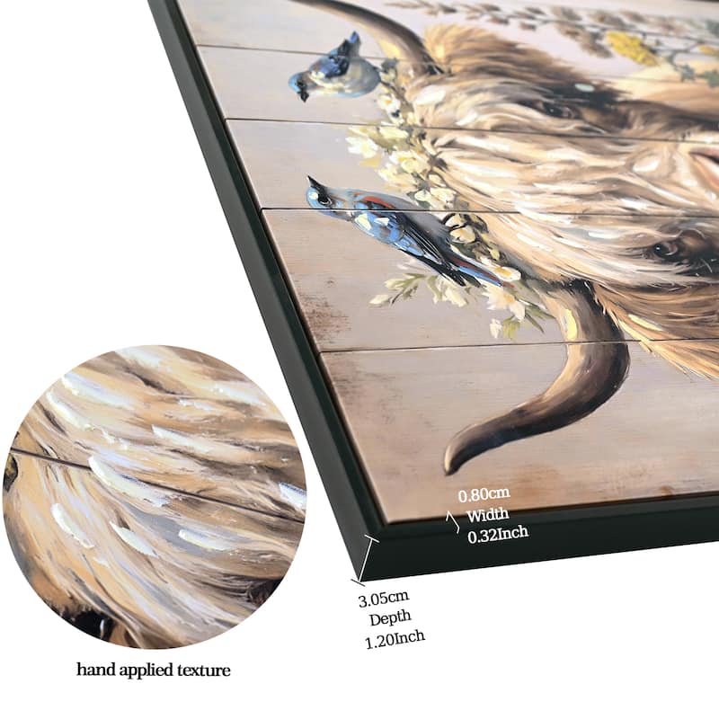 Farmhouse Highland Cow Wall Decor in Neutral colour: Rustic Cow and Chrysanthemum picture Canvas Art Print