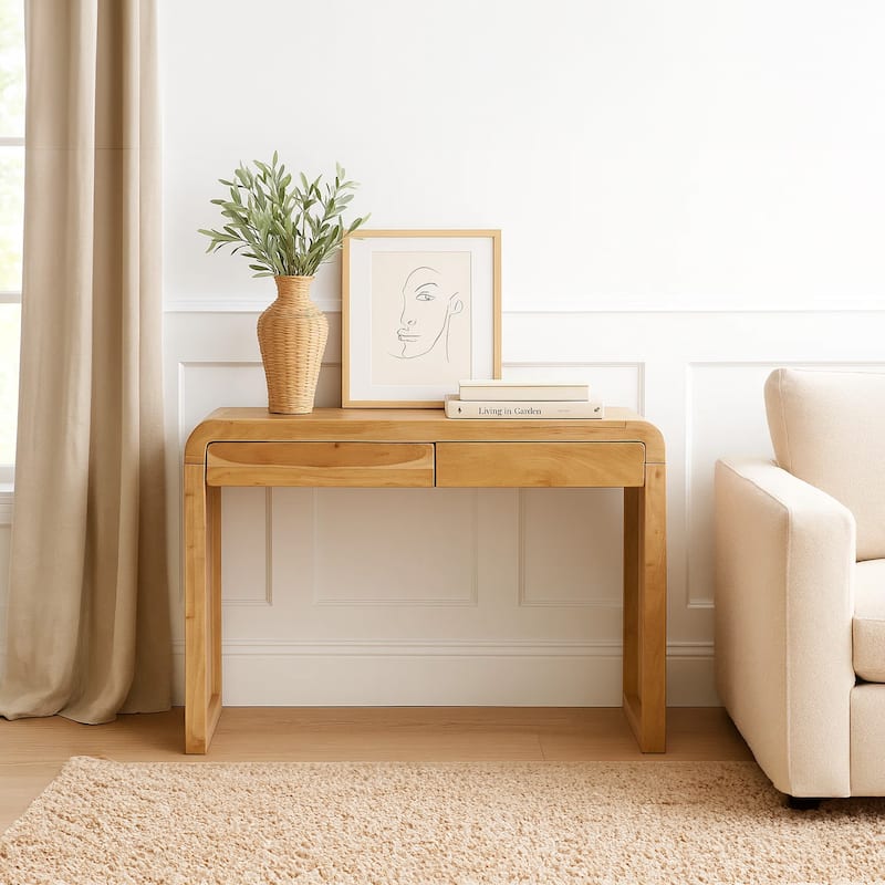 Arlow Console Table 43" Wide Top Handcrafted Natural Brown Acacia Wood Dual Drawer Storage