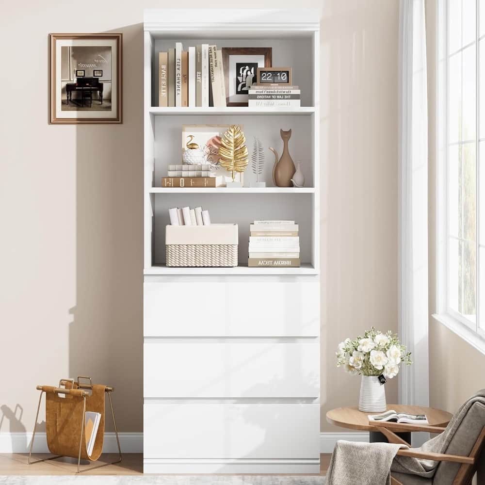 70 Inch Freestanding Modern Tall Bookcase with 3 Drawers - N/A