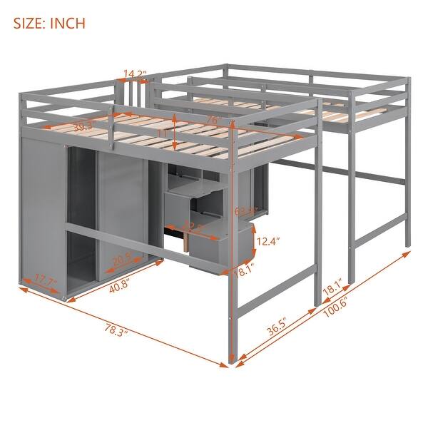 dimension image slide 1 of 2, Elegant Double Twin Loft Beds with Wardrobes and Staircase, Grey