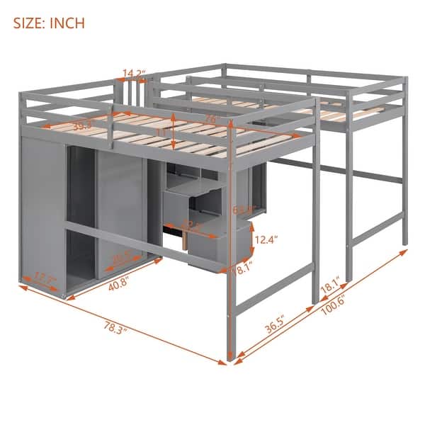 dimension image slide 1 of 2, Modern Double Twin Loft Beds Kids Bed with 4 Drawers Wardrobes and Staircase,Playhouse Inspired
