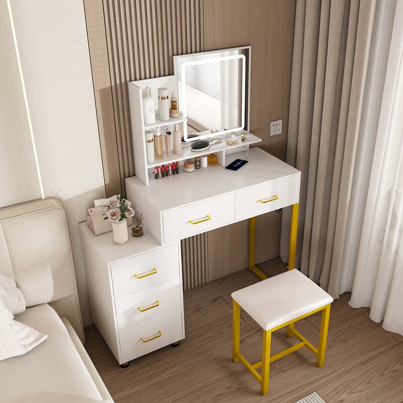 Vanity Desk with LED Light Mirror, Multifunctional Makeup Vanity Table, Dressing Table Set with 5 Drawers, Power Outlet & Stool