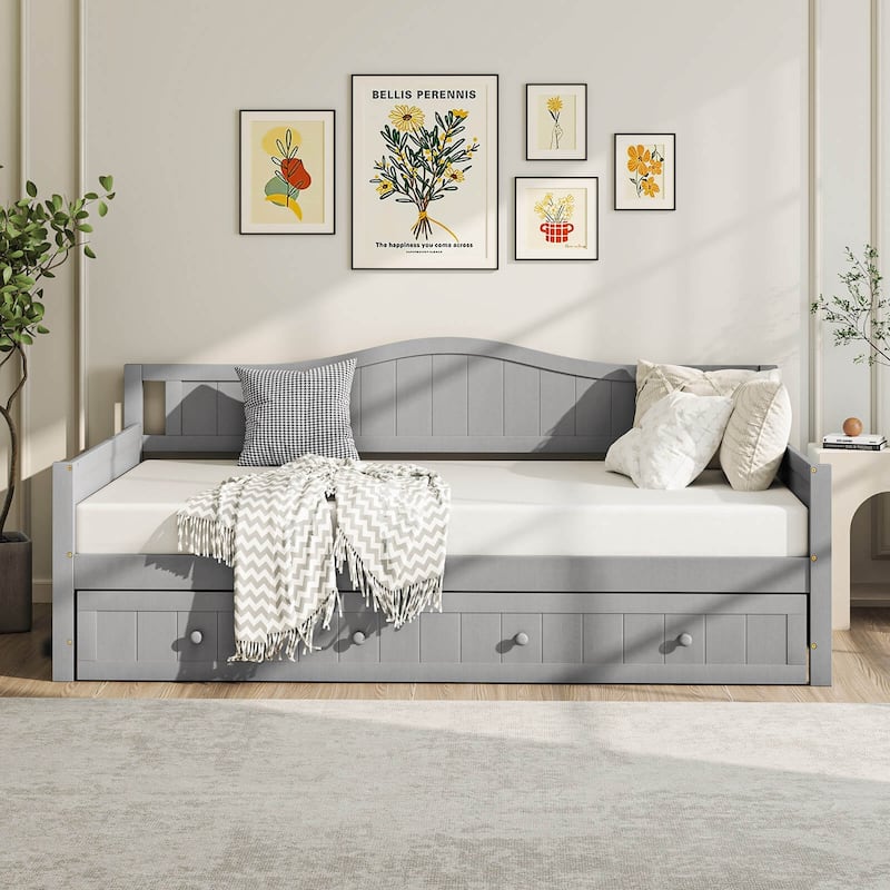 Costway Twin Size Daybed with Trundle Solid Wood Sofa Bed with Slats