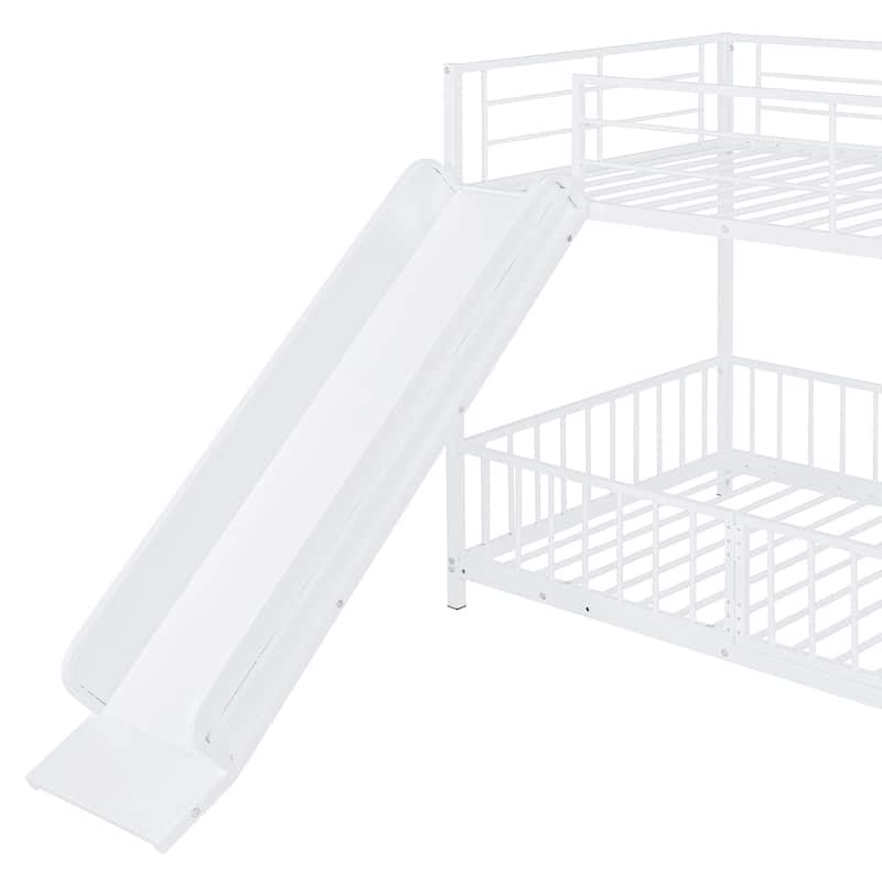 White Twin over Twin Size Metal Bunk Bed with Slide and Guardrails for Kids