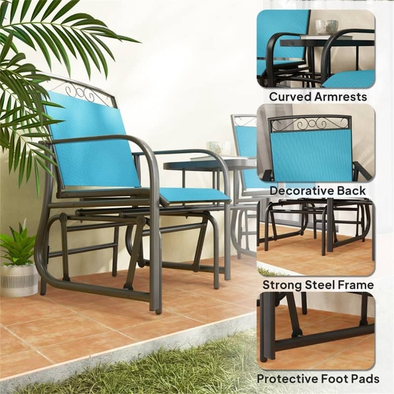 Two Seater Outdoor Glider with Table Steel Frame Tempered Glass and Mesh Fabric - 76.75" L x 33.75" W x 35.75" H
