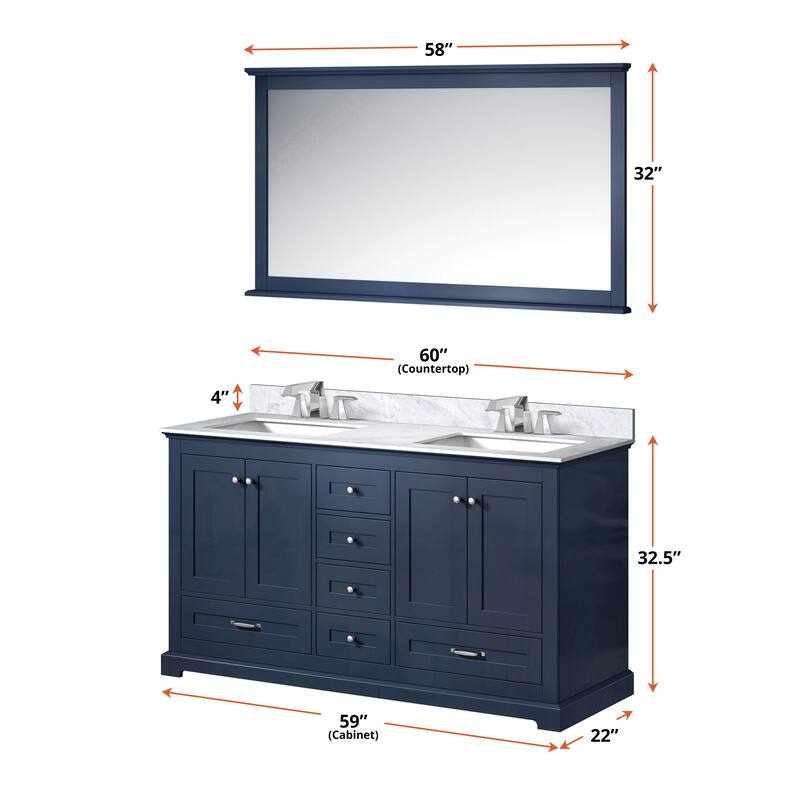 Dukes 60 in. W x 22 in. D Navy Blue Double Bath Vanity, Carrara Marble Top, Faucet Set, and 58 in. Mirror