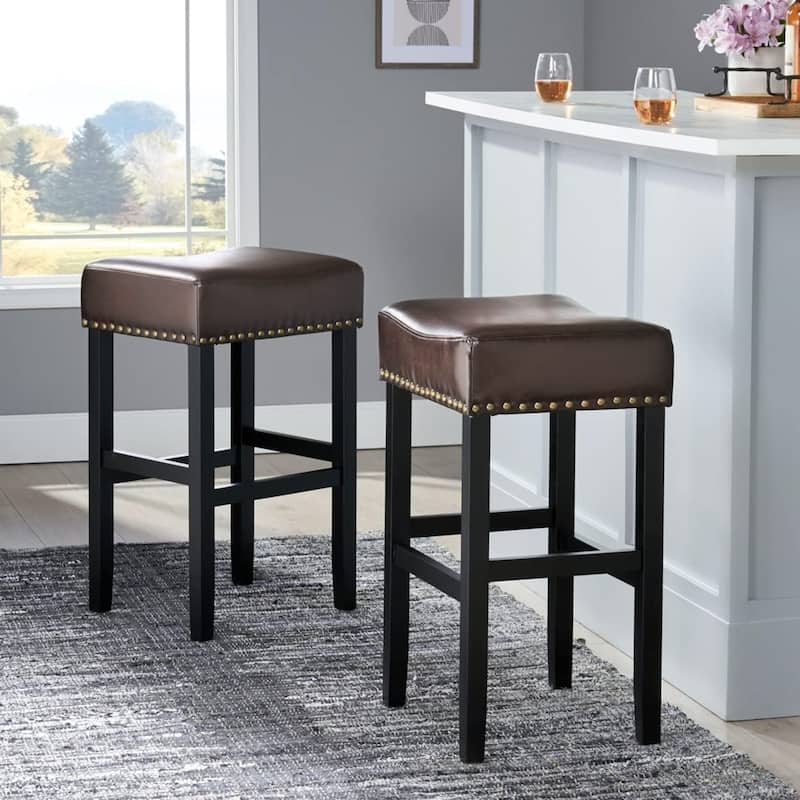 Roomfitters 30" Backless Leather Counter Stools, Set of 2 Upholstered Bar Chairs with Sturdy Wood Frame, Brown
