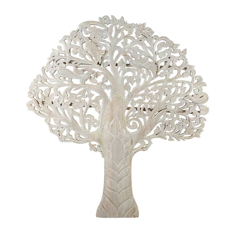 White or Brown Mango Wood Large Carved Tree Wall Decor with Scrollwork