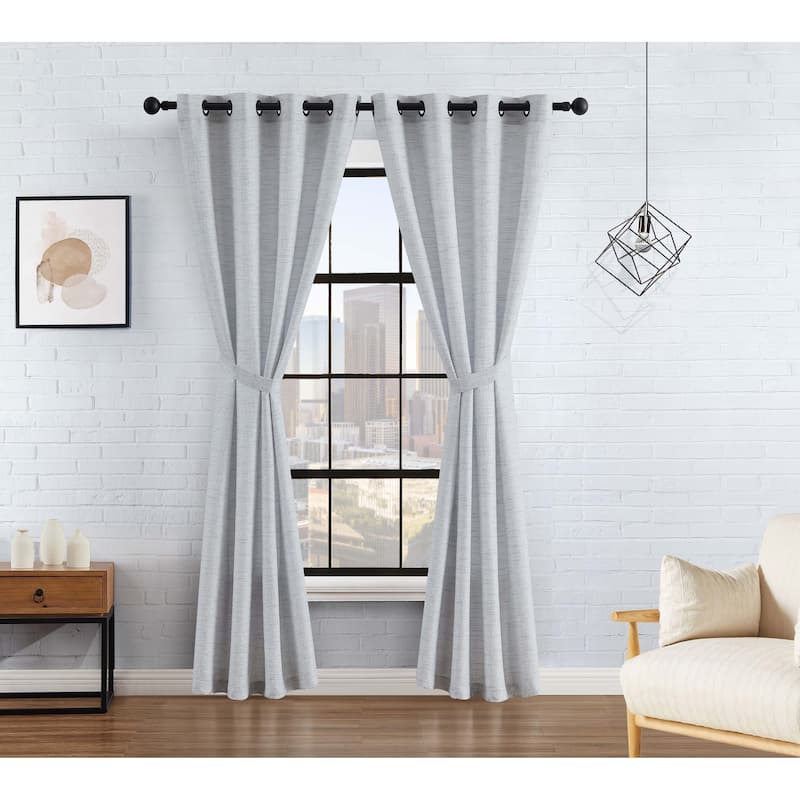 Lucky Brand Sierra Textured Light Filtering 52" x 84" Grommet Window Curtain Panel Pair with Tiebacks, Grey - 104" x 84"