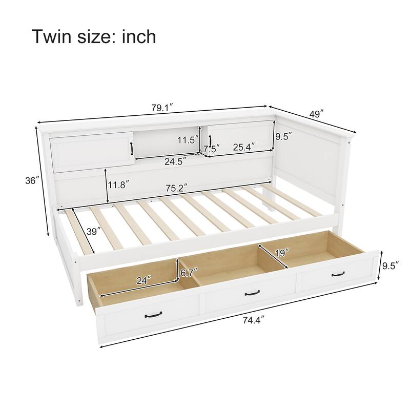 Twin/Full L-Shaped Dyabed with 3 Drawers and Bookcase, Wooden Corner Bed Captain Bed with Led Downlight Headboard and USB Port