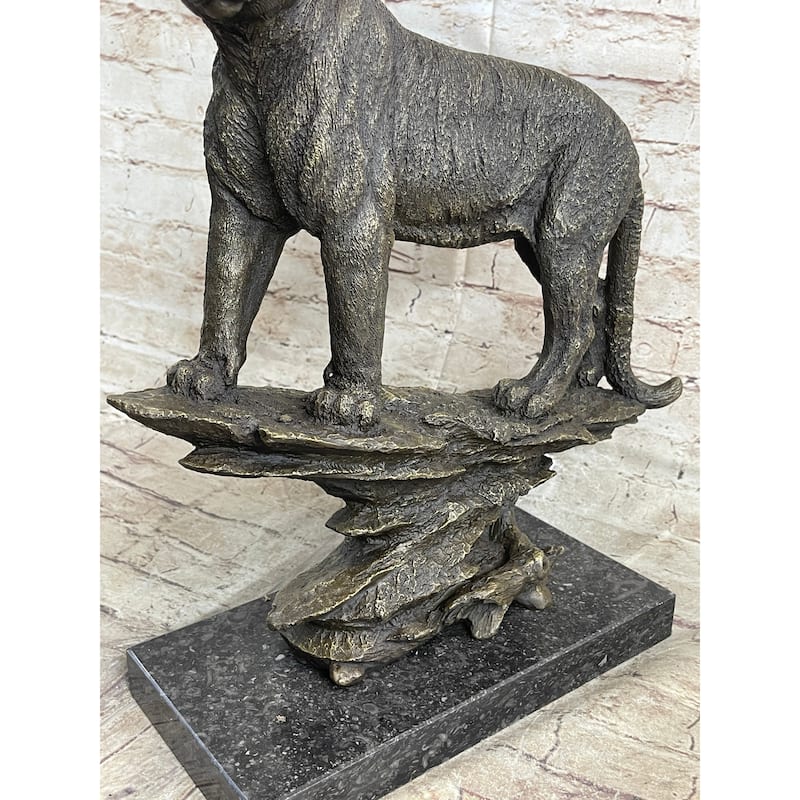Mountain Imitative Lion Puma Panther Cougar Bronze Sculpture Statue Figure On Marble Base