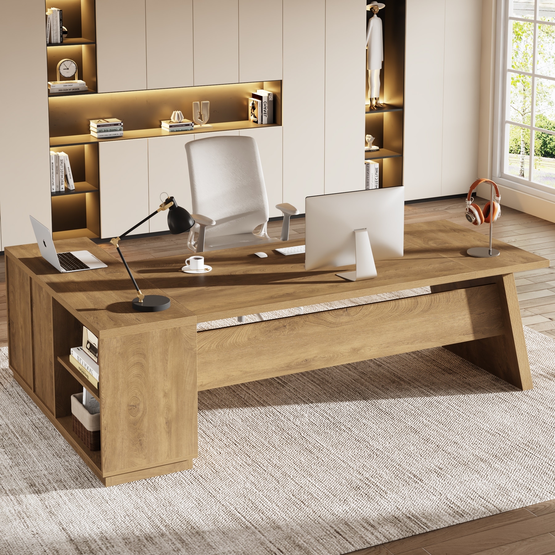 L-shaped Executive Computer Desk with Drawers and Lateral File Cabinet for Office