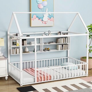 Twin Size Metal Bed House Bed Frame with Fence and Shelves