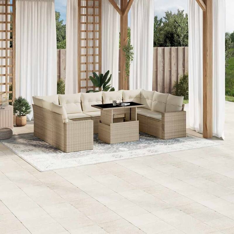 vidaXL Patio Sofa Set with Cushions Outdoor Furniture 10 Piece Poly Rattan - Beige and Cream-without storage - 21.7 x 39.4 x 28.7