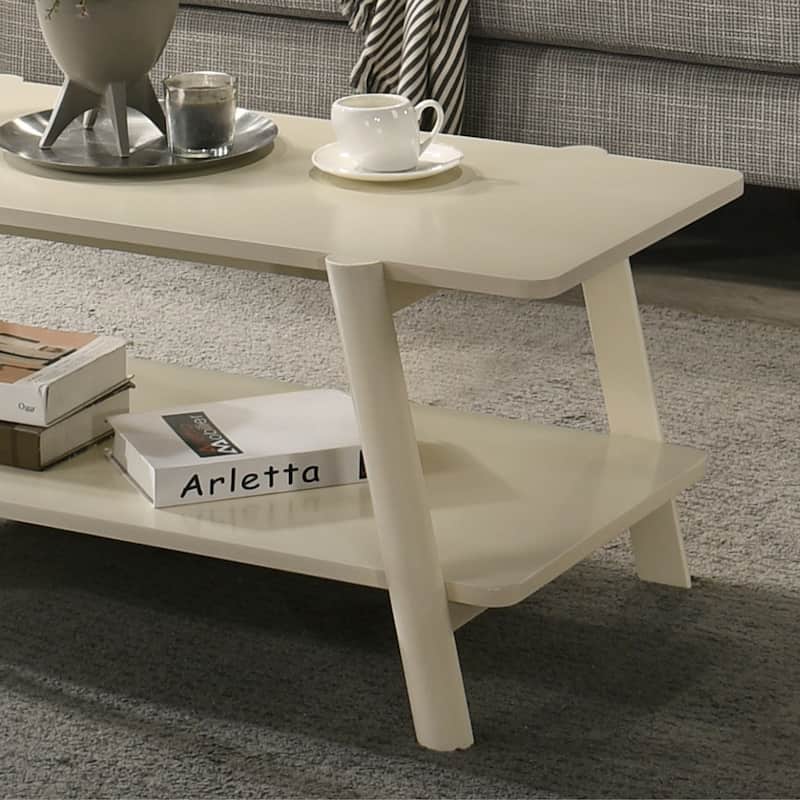 Mid-Century Modern Wood Shelf Coffee Table, Off-White Finish
