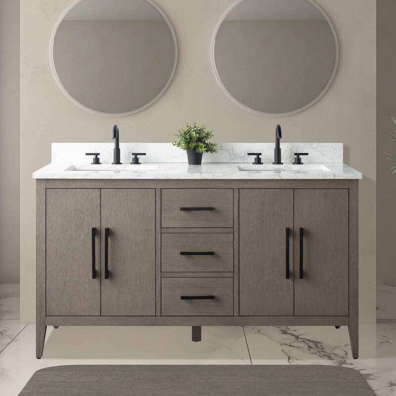Vanity Art 60" Double Sink Bathroom Vanity Cabinet with Engineered Marble Top - 60"/Matte Black Handle - Driftwood Gray