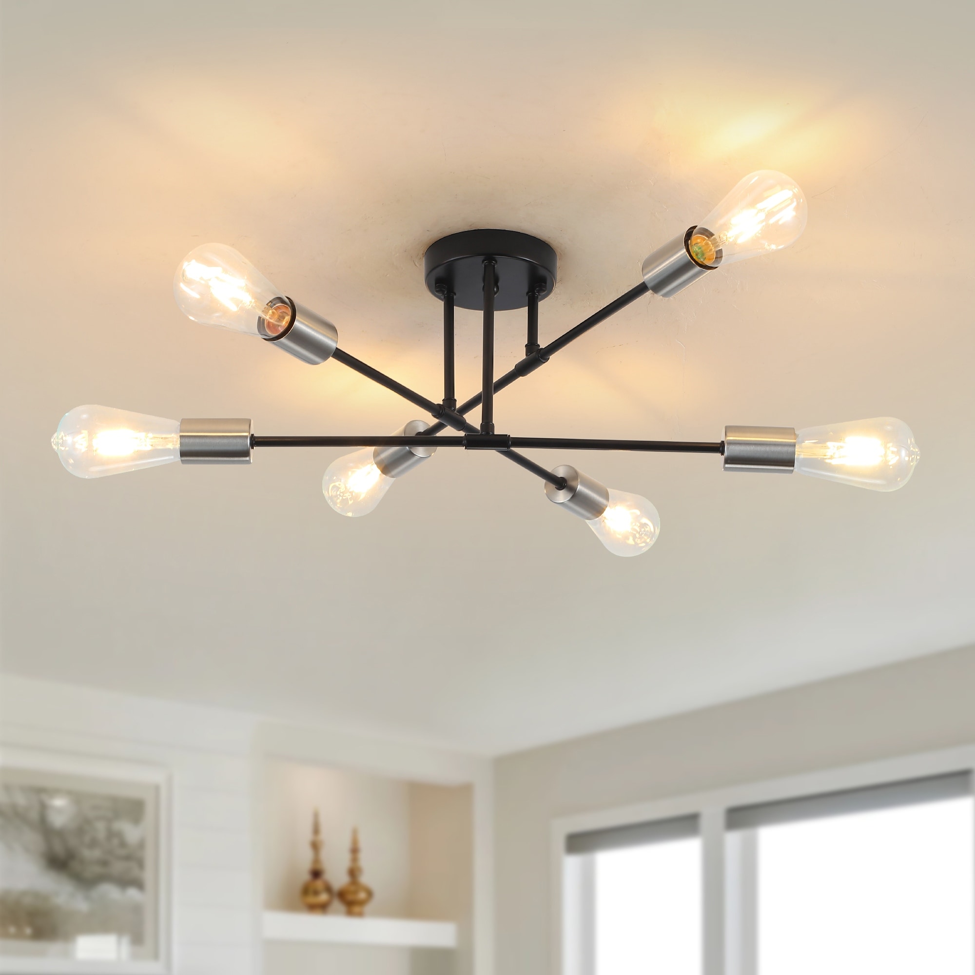 6-Light Modern Sputnik Ceiling Light Fixture, Industrial Semi Flush Mount Ceiling for Living Room, Closet